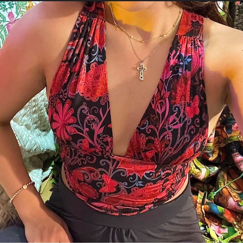 SHEIN red black pink and blue floral halter